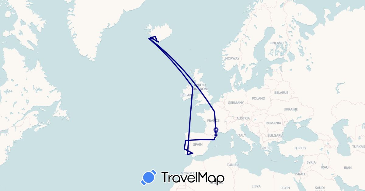 TravelMap itinerary: driving in Spain, France, United Kingdom, Iceland, Portugal (Europe)